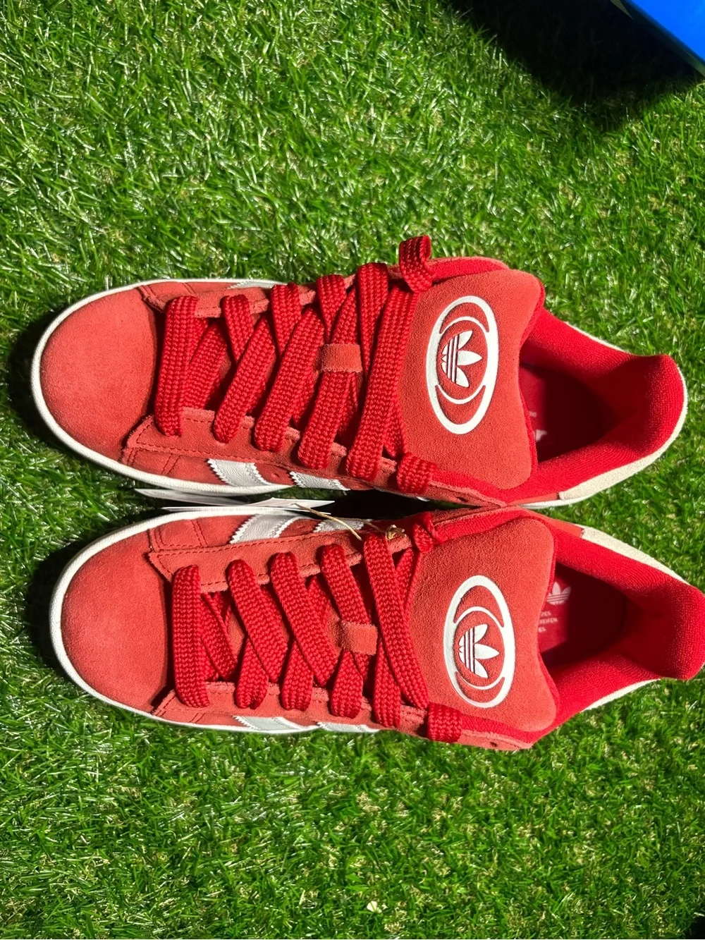 adidas Campus Red Suede w/ White Stripes mens 7, women’s 8.
